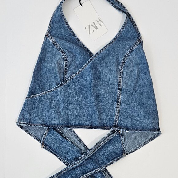 ZARA OPEN BACK DENIM TOP - Picture 5 of 10